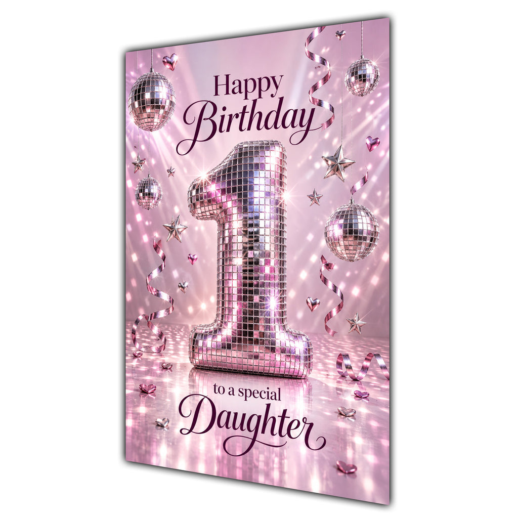 Happy 1st Birthday Daughter Pink Disco Ball Number Card A5
