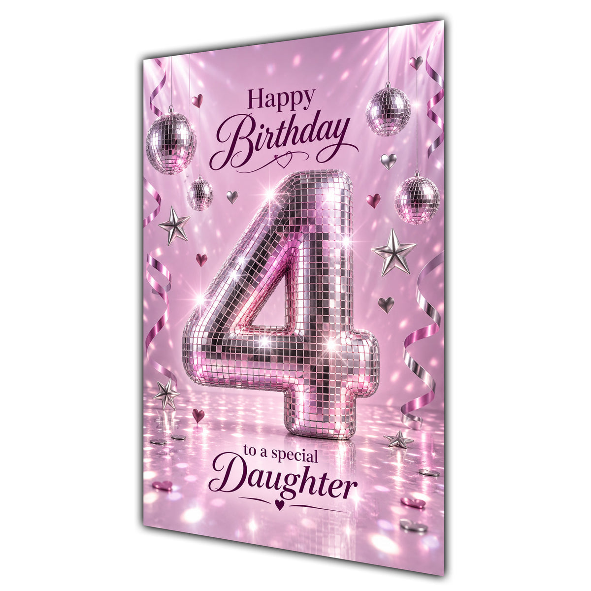 Happy 4th Birthday Daughter Pink Disco Ball Number Card A5