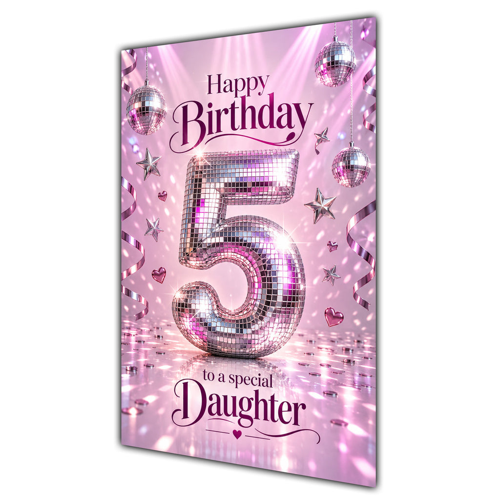 Happy 5th Birthday Daughter Pink Disco Ball Number Card A5