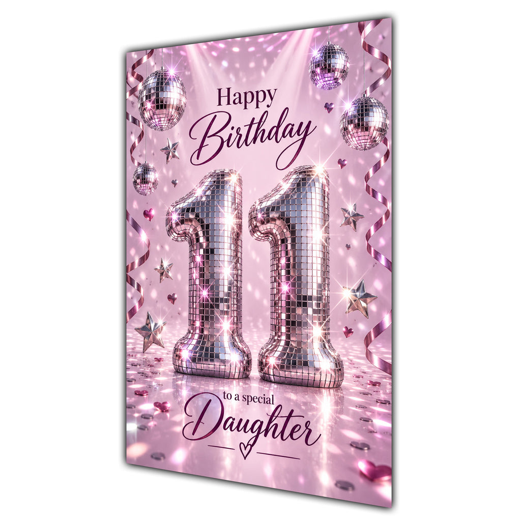 Happy 11th Birthday Daughter Pink Disco Ball Number Card A5