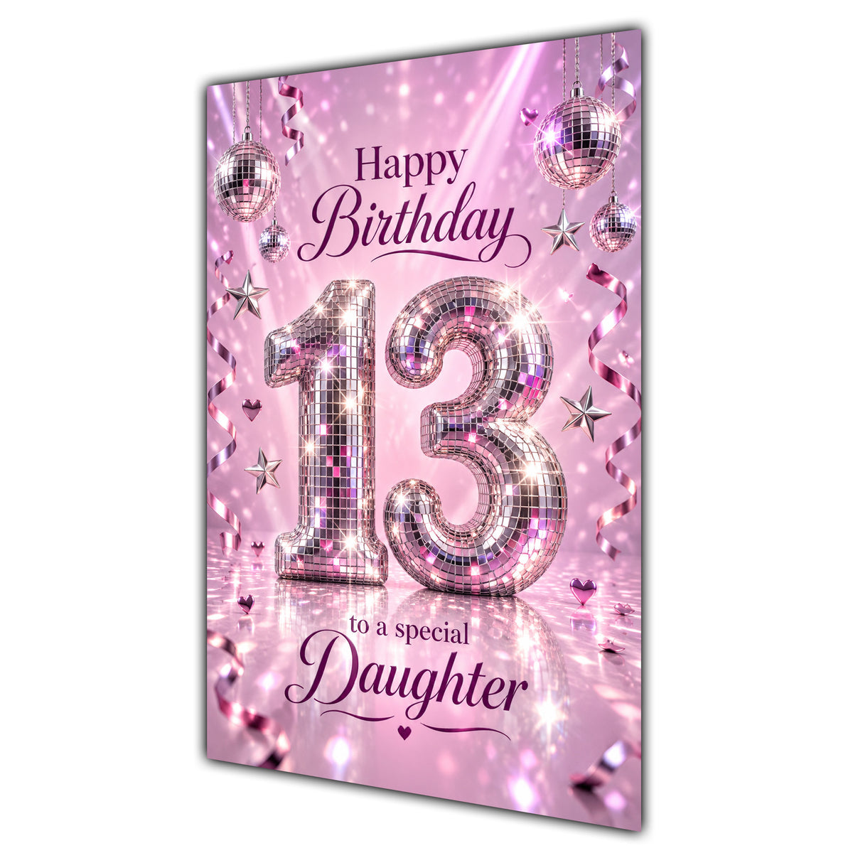 Happy 13th Birthday Daughter Pink Disco Ball Number Card A5