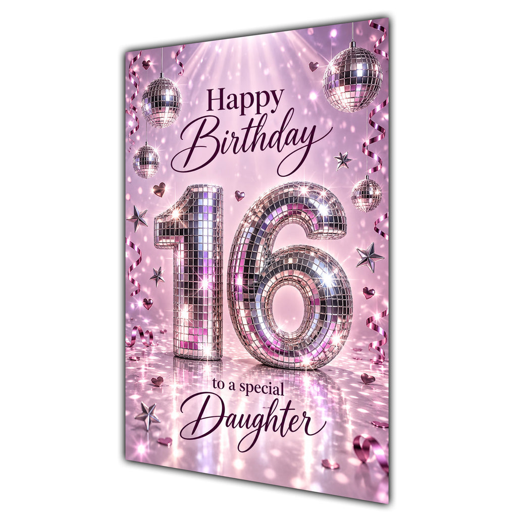 Happy 16th Birthday Daughter Pink Disco Ball Number Card A5