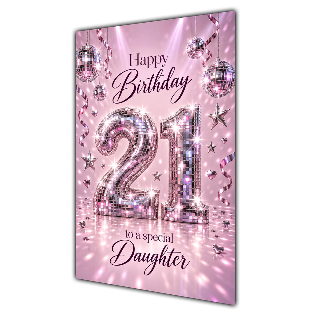 Happy 21st Birthday Daughter Pink Disco Ball Number Card A5
