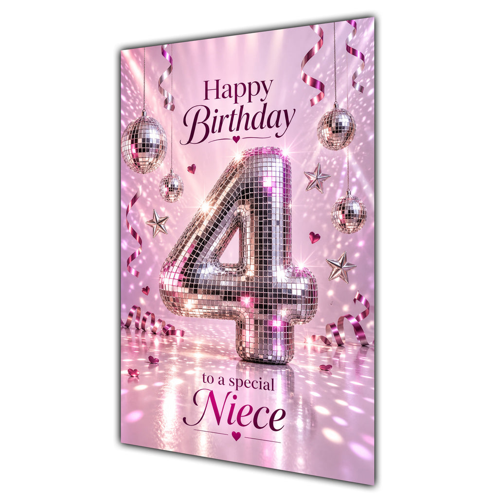 Happy 4th Birthday Niece Pink Disco Ball Number Card A5
