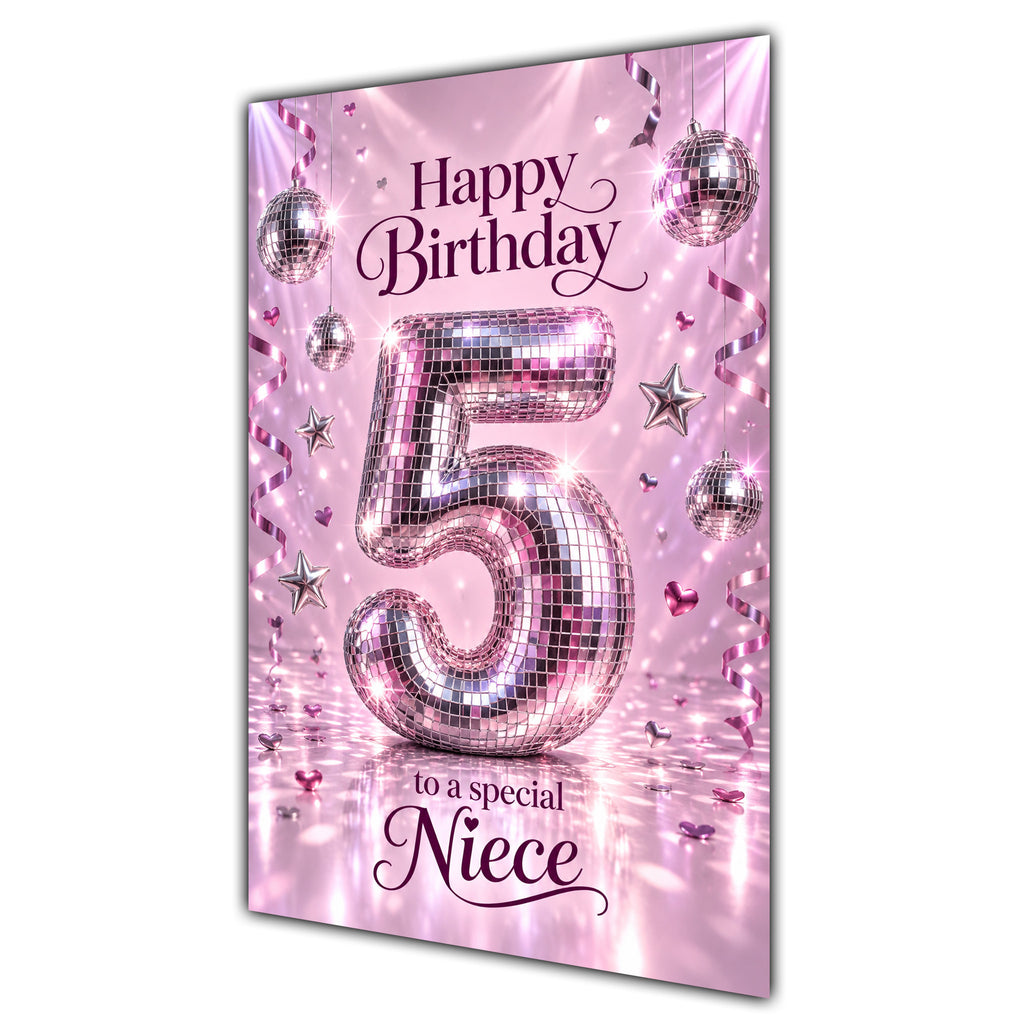 Happy 5th Birthday Niece Pink Disco Ball Number Card A5