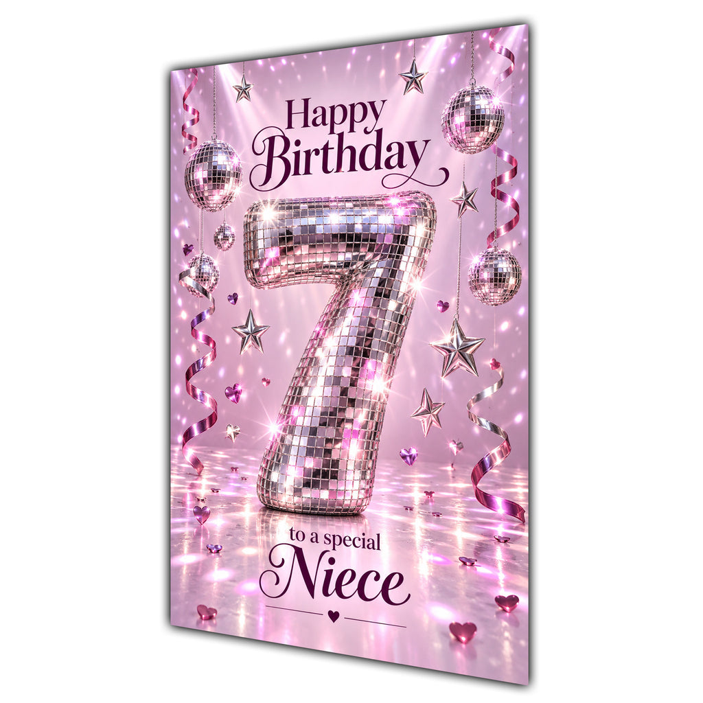 Happy 7th Birthday Niece Pink Disco Ball Number Card A5