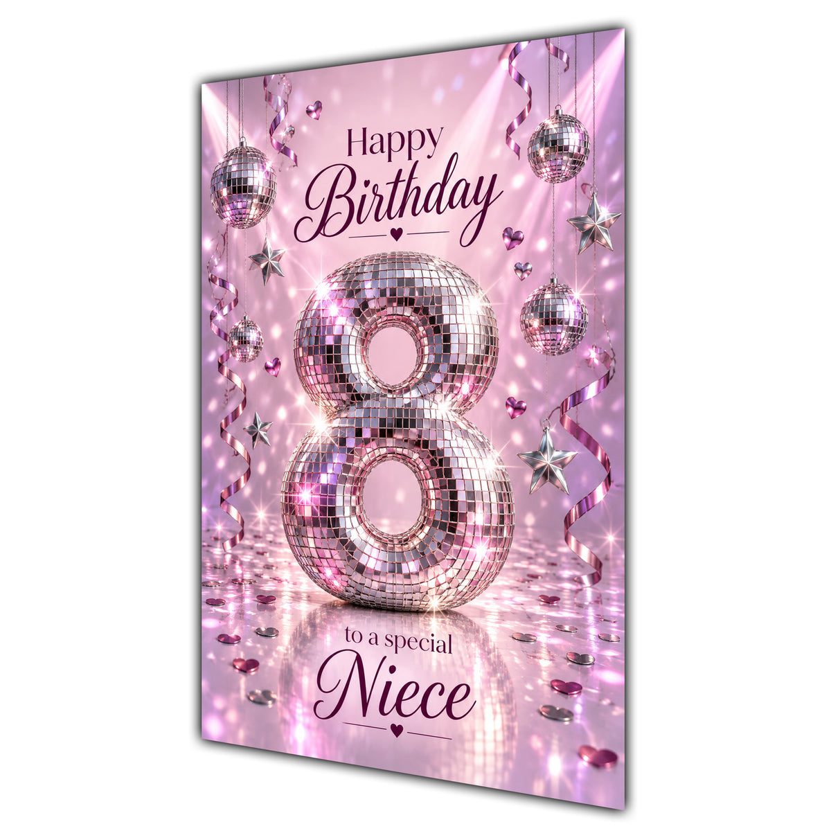 Happy 8th Birthday Niece Pink Disco Ball Number Card A5