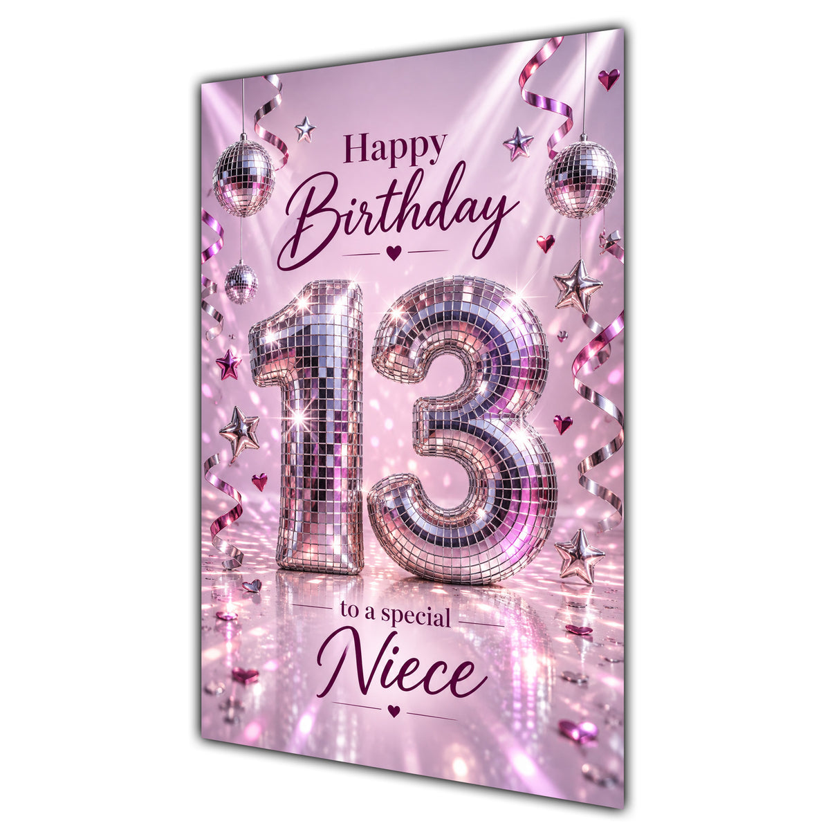 Happy 13th Birthday Niece Pink Disco Ball Number Card A5