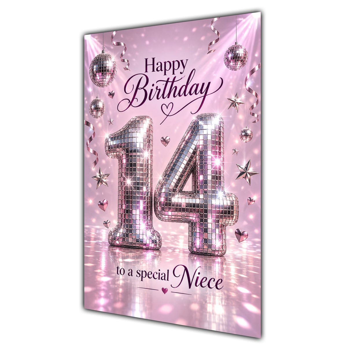 Happy 14th Birthday Niece Pink Disco Ball Number Card A5