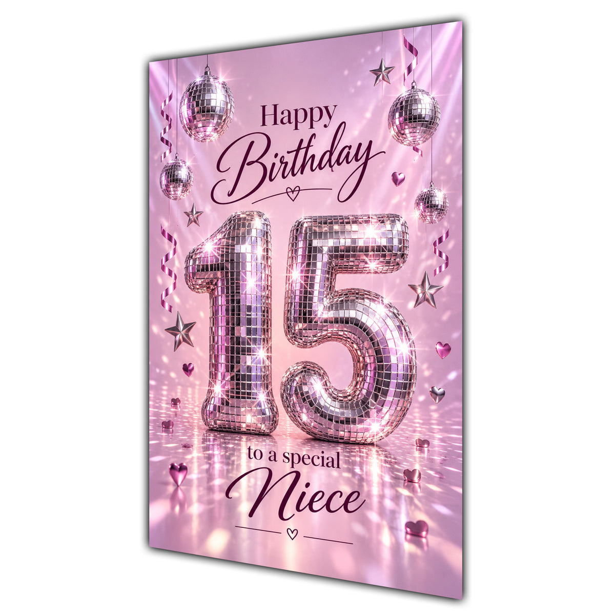Happy 15th Birthday Niece Pink Disco Ball Number Card A5