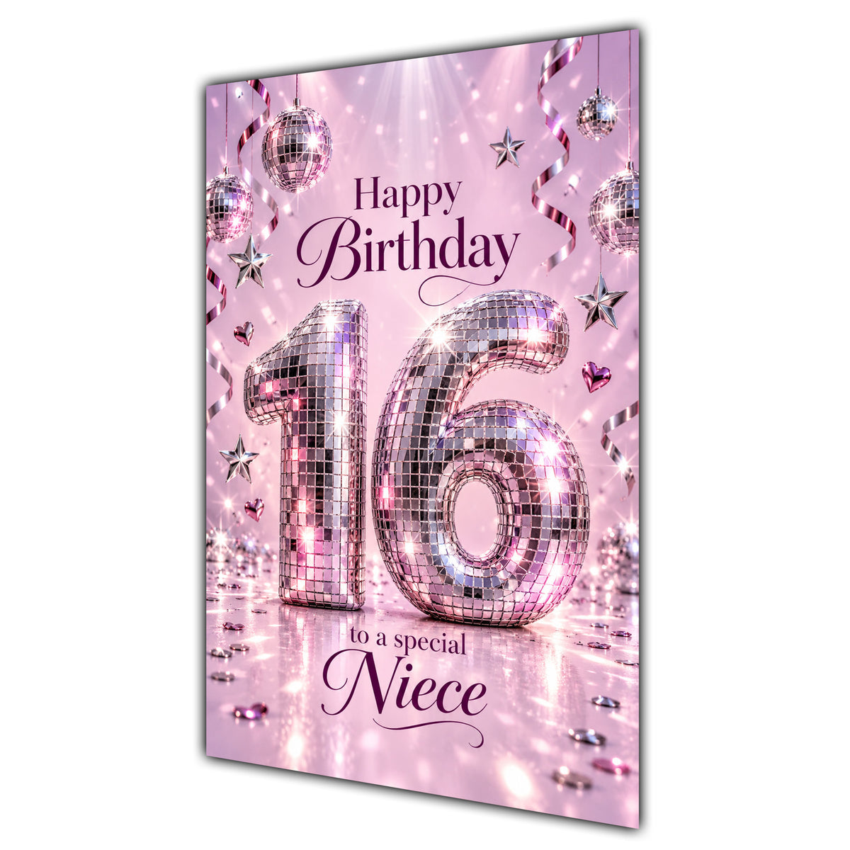 Happy 16th Birthday Niece Pink Disco Ball Number Card A5