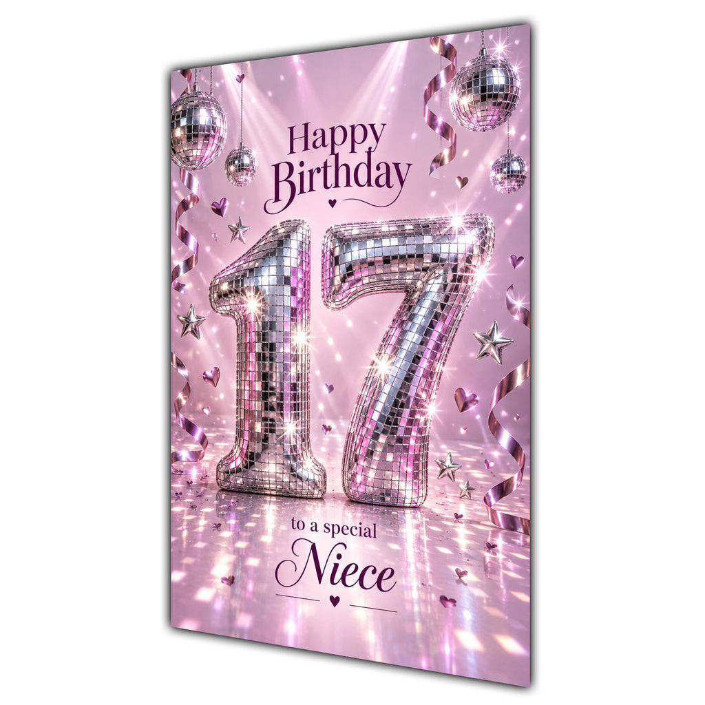 Happy 17th Birthday Niece Pink Disco Ball Number Card A5