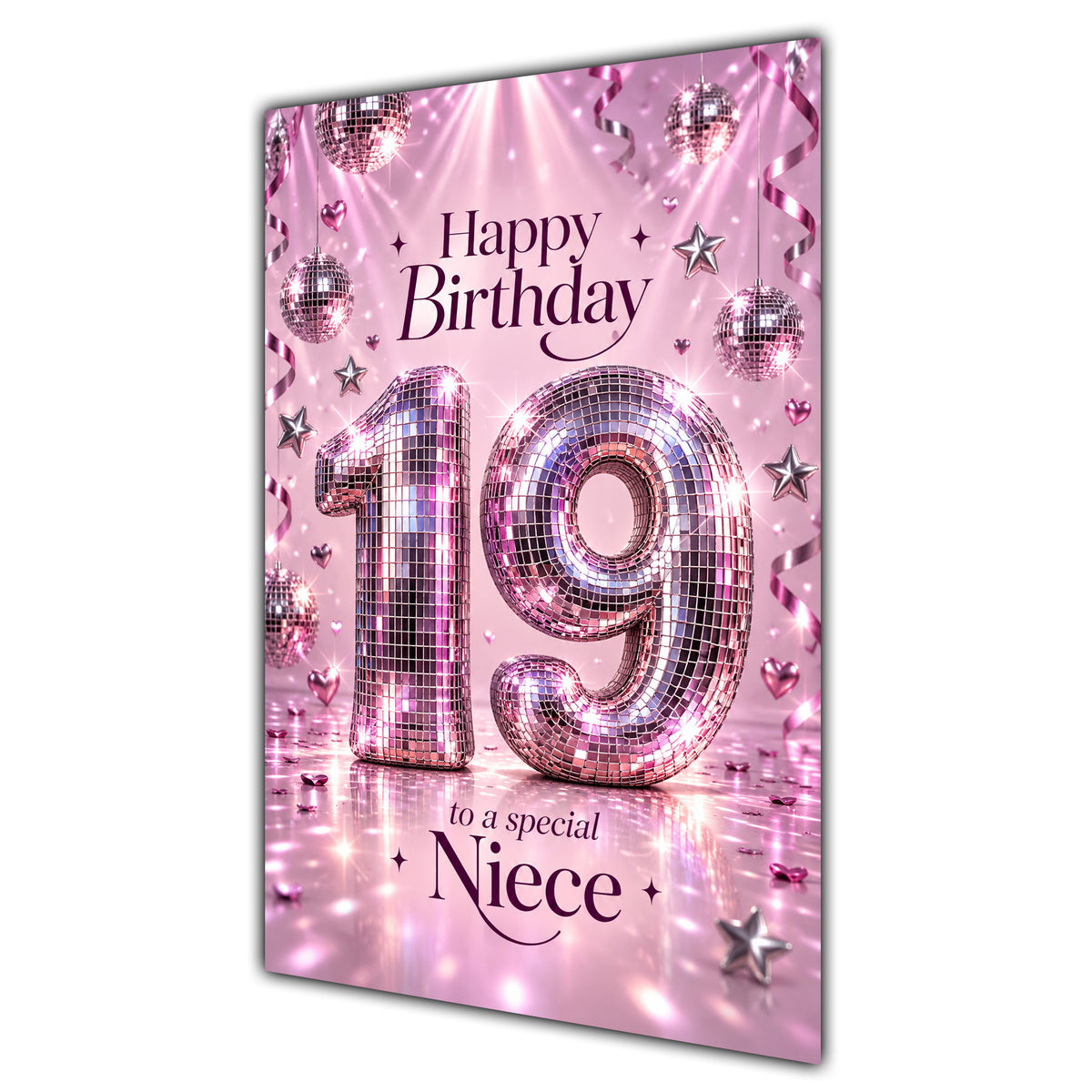 Happy 19th Birthday Niece Pink Disco Ball Number Card A5