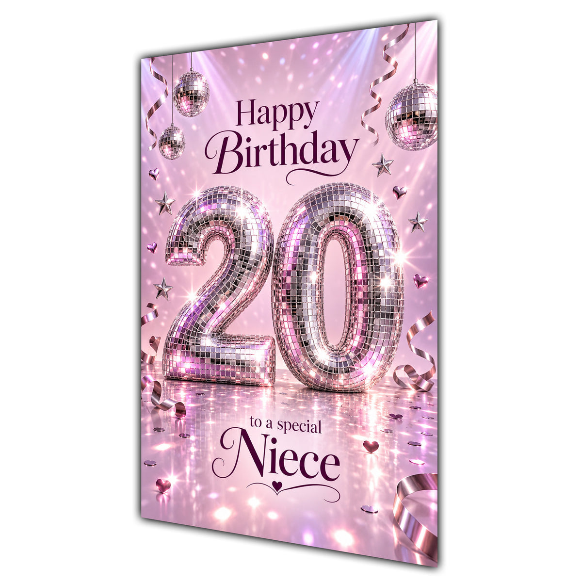 Happy 20th Birthday Niece Pink Disco Ball Number Card A5