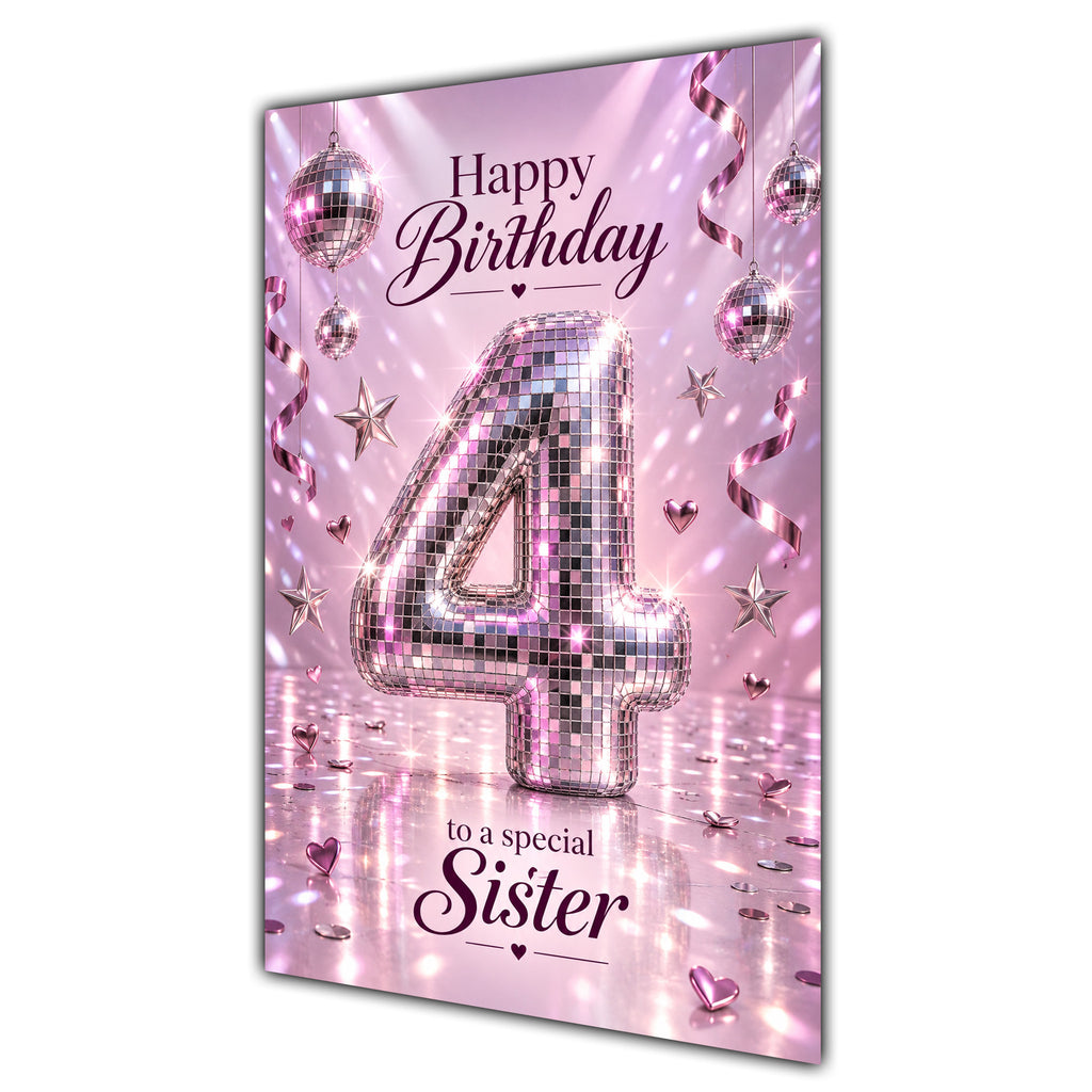 Happy 4th Birthday Sister Pink Disco Ball Number Card A5
