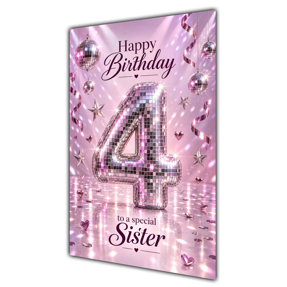 Happy 4th Birthday Sister Pink Disco Ball Number Card A5
