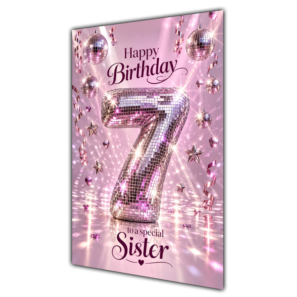 Happy 7th Birthday Sister Pink Disco Ball Number Card A5