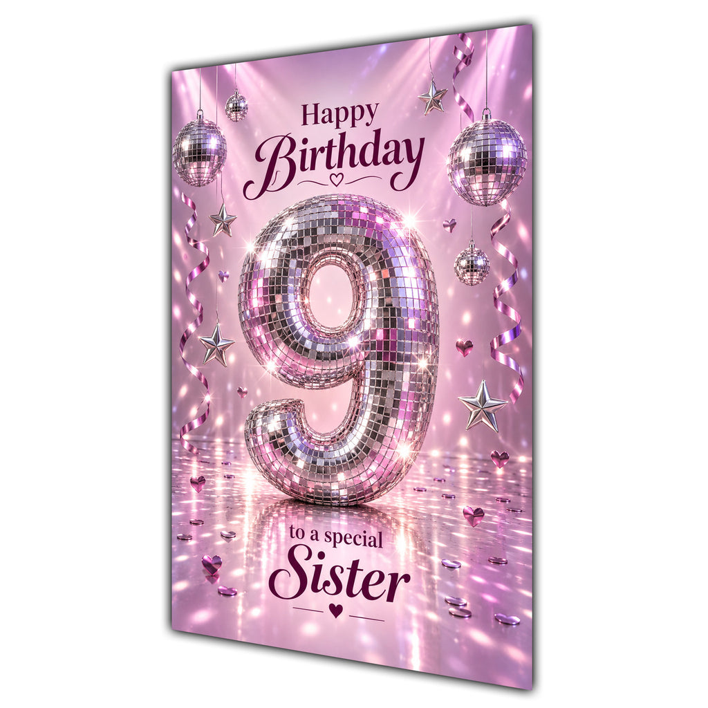 Happy 9th Birthday Sister Pink Disco Ball Number Card A5