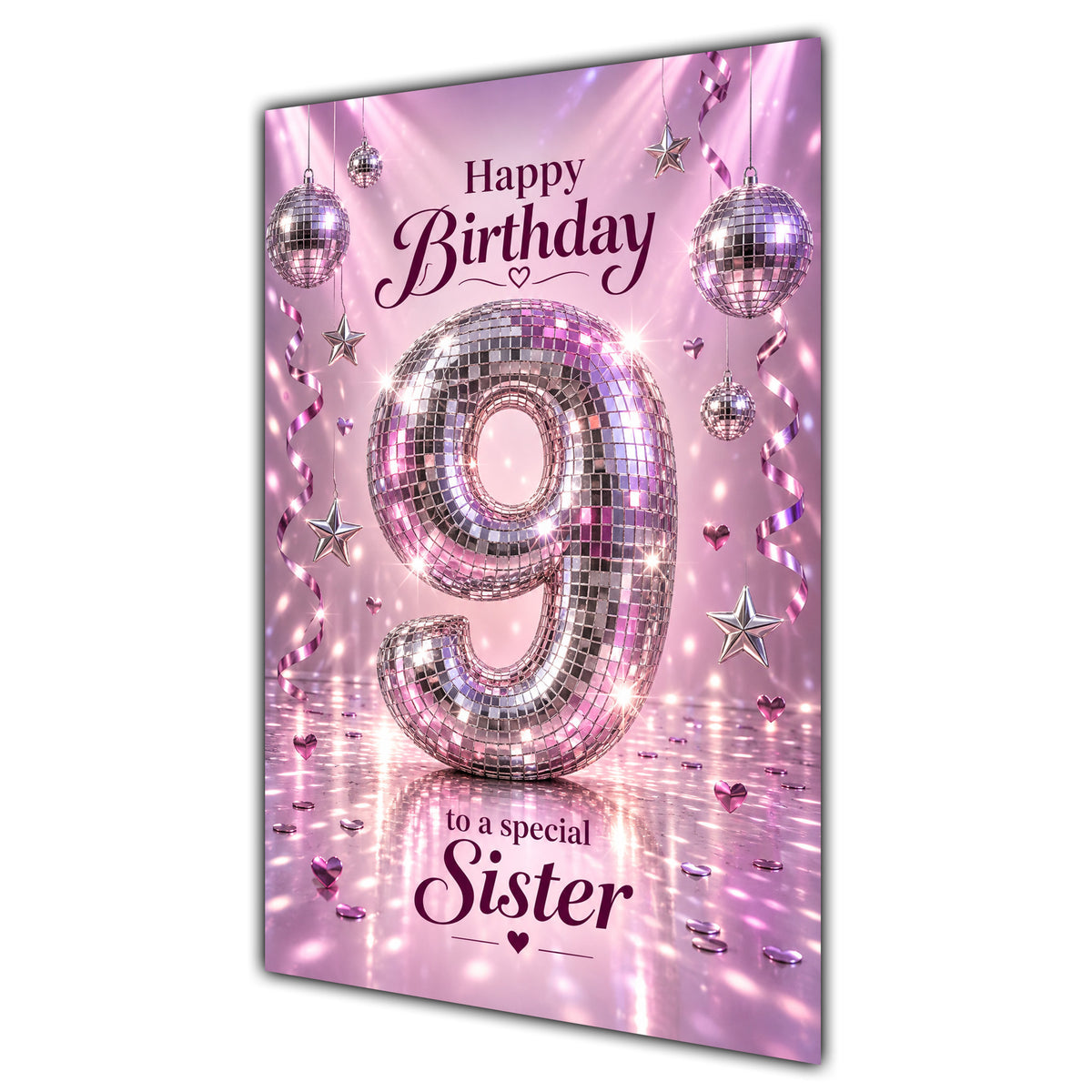 Happy 9th Birthday Sister Pink Disco Ball Number Card A5