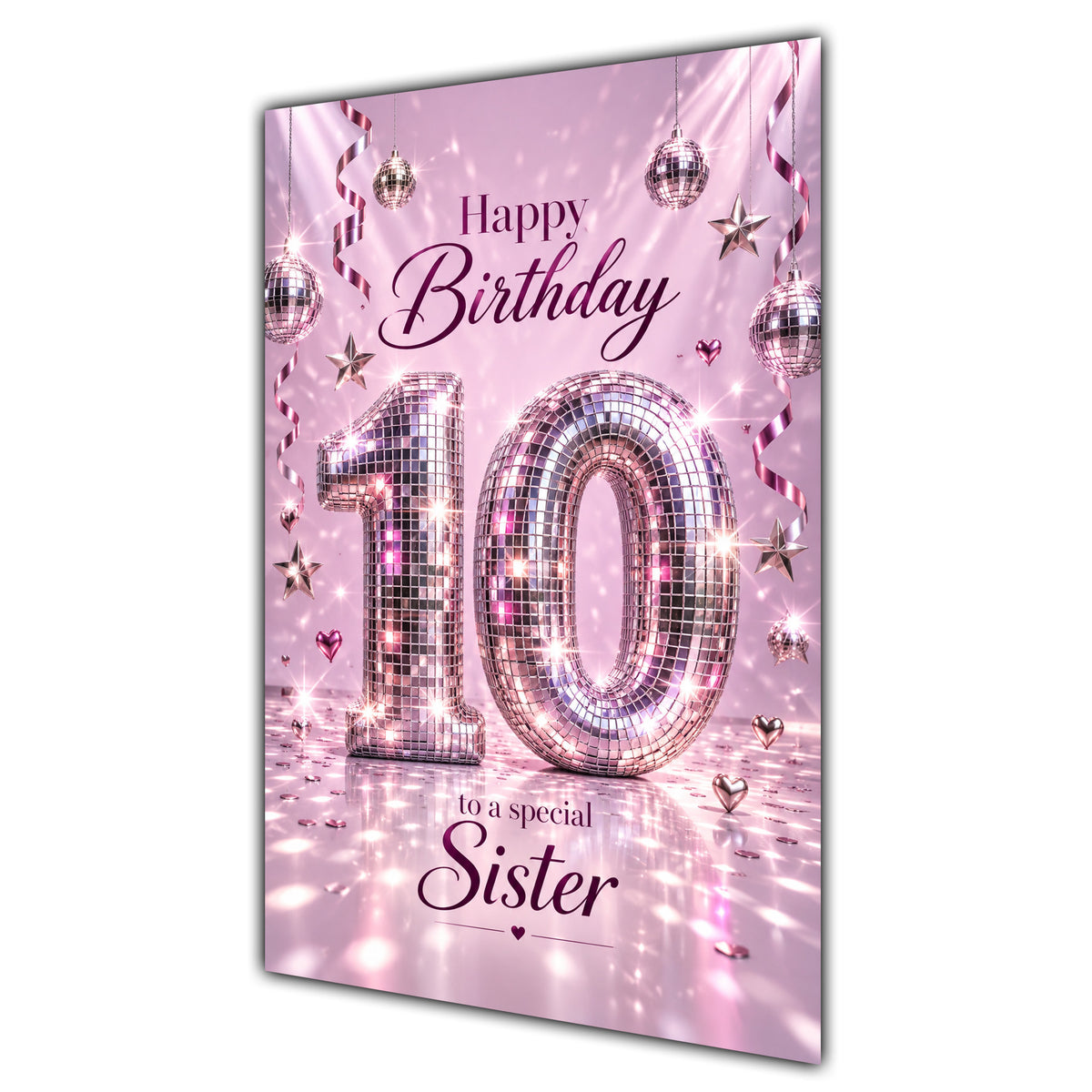 Happy 10th Birthday Sister Pink Disco Ball Number Card A5