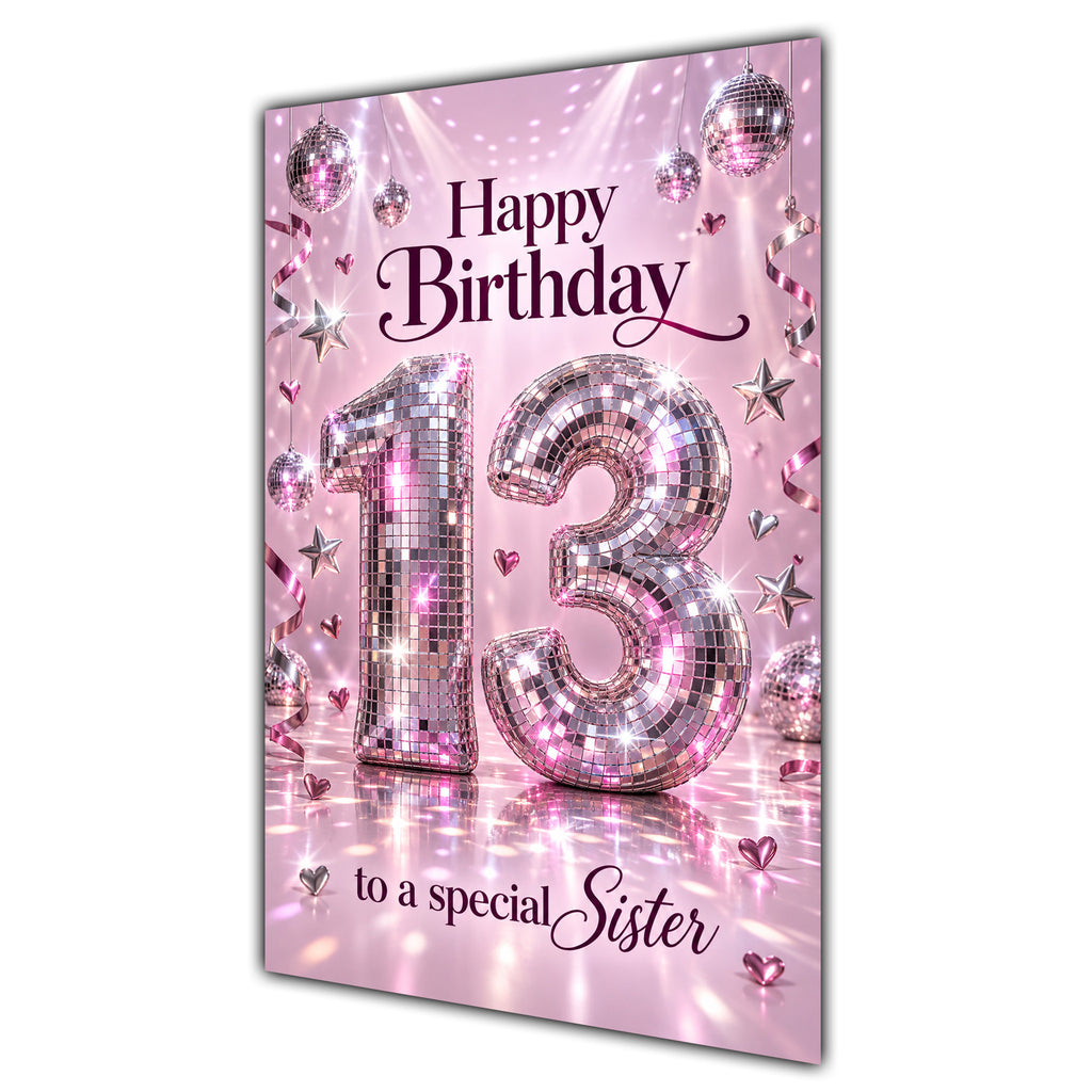 Happy 13th Birthday Sister Pink Disco Ball Number Card A5