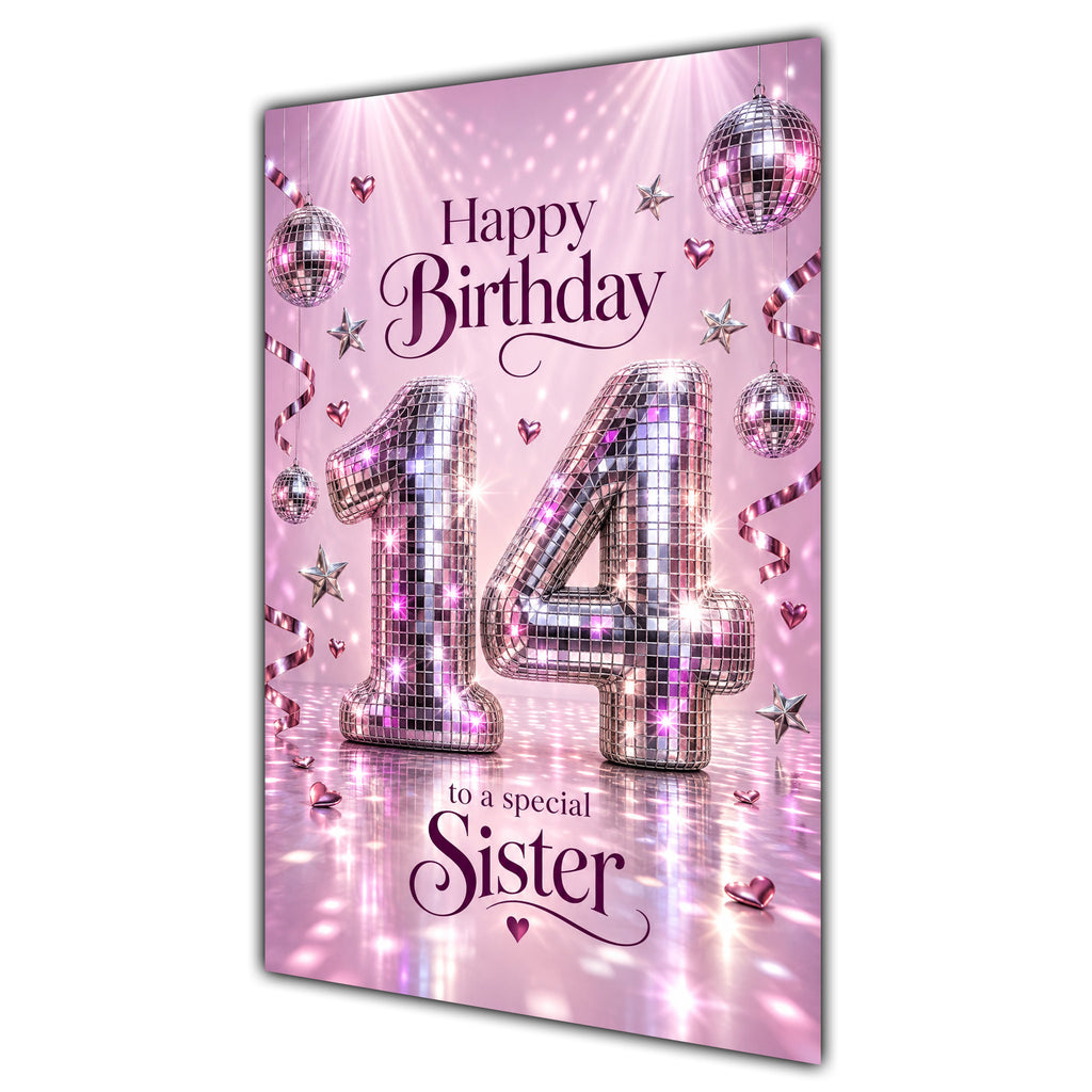 Happy 14th Birthday Sister Pink Disco Ball Number Card A5