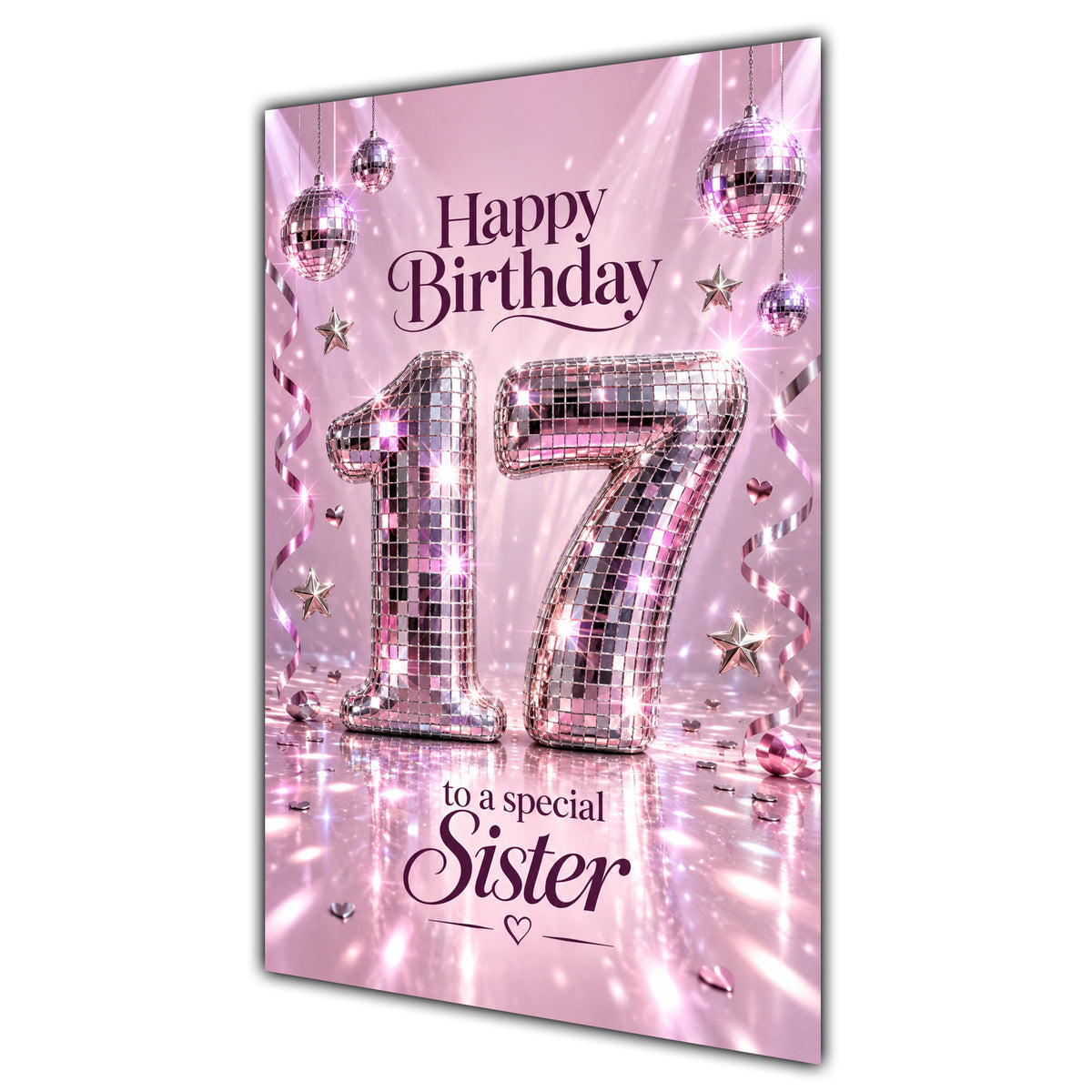 Happy 17th Birthday Sister Pink Disco Ball Number Card A5