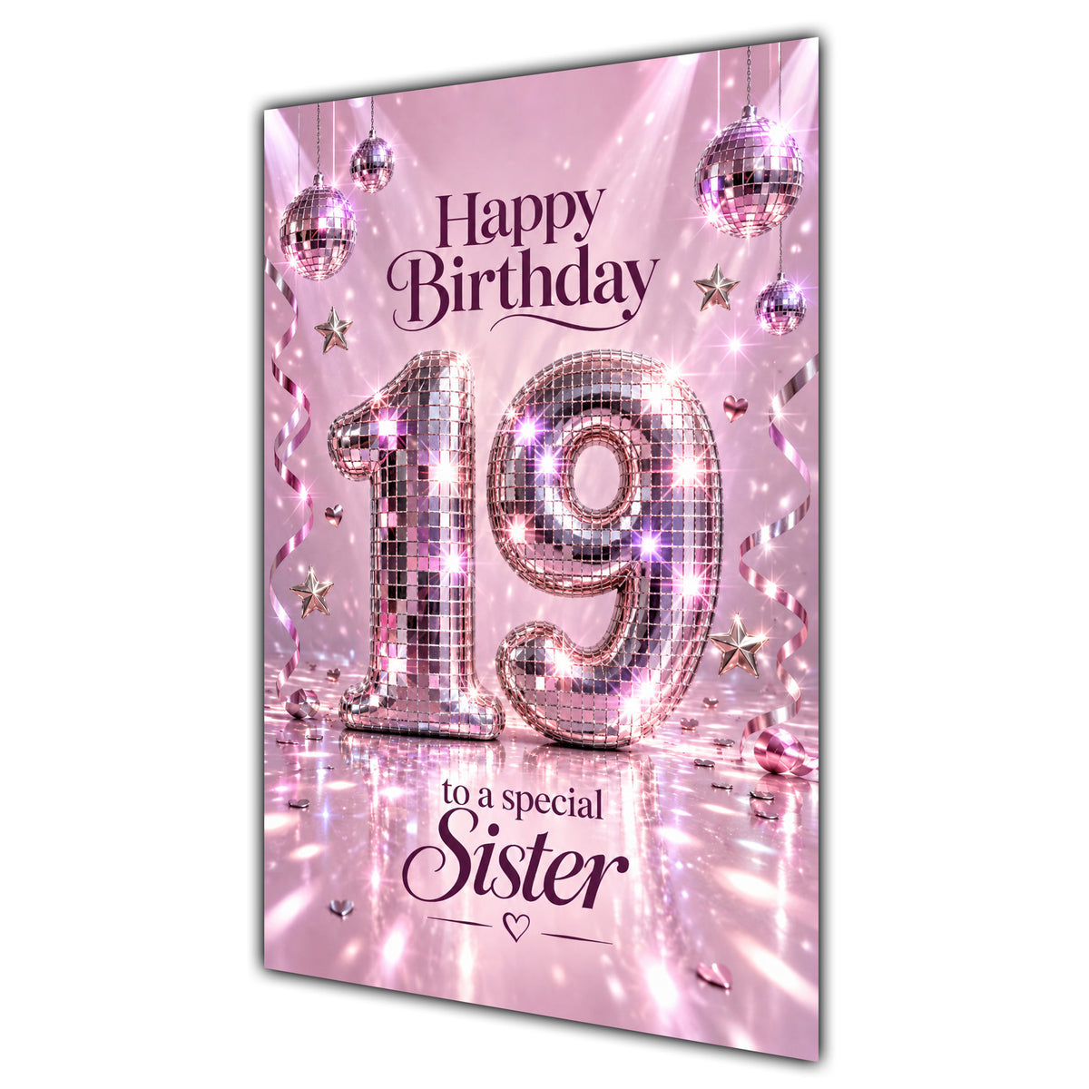 Happy 19th Birthday Sister Pink Disco Ball Number Card A5