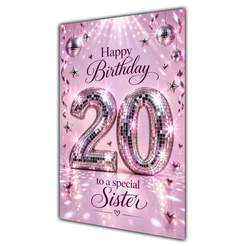 Happy 20th Birthday Sister Pink Disco Ball Number Card A5