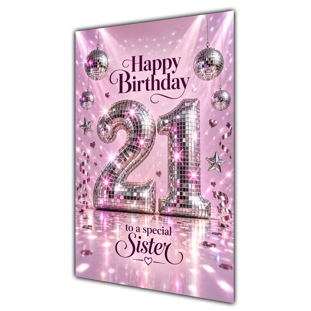 Happy 21st Birthday Sister Pink Disco Ball Number Card A5
