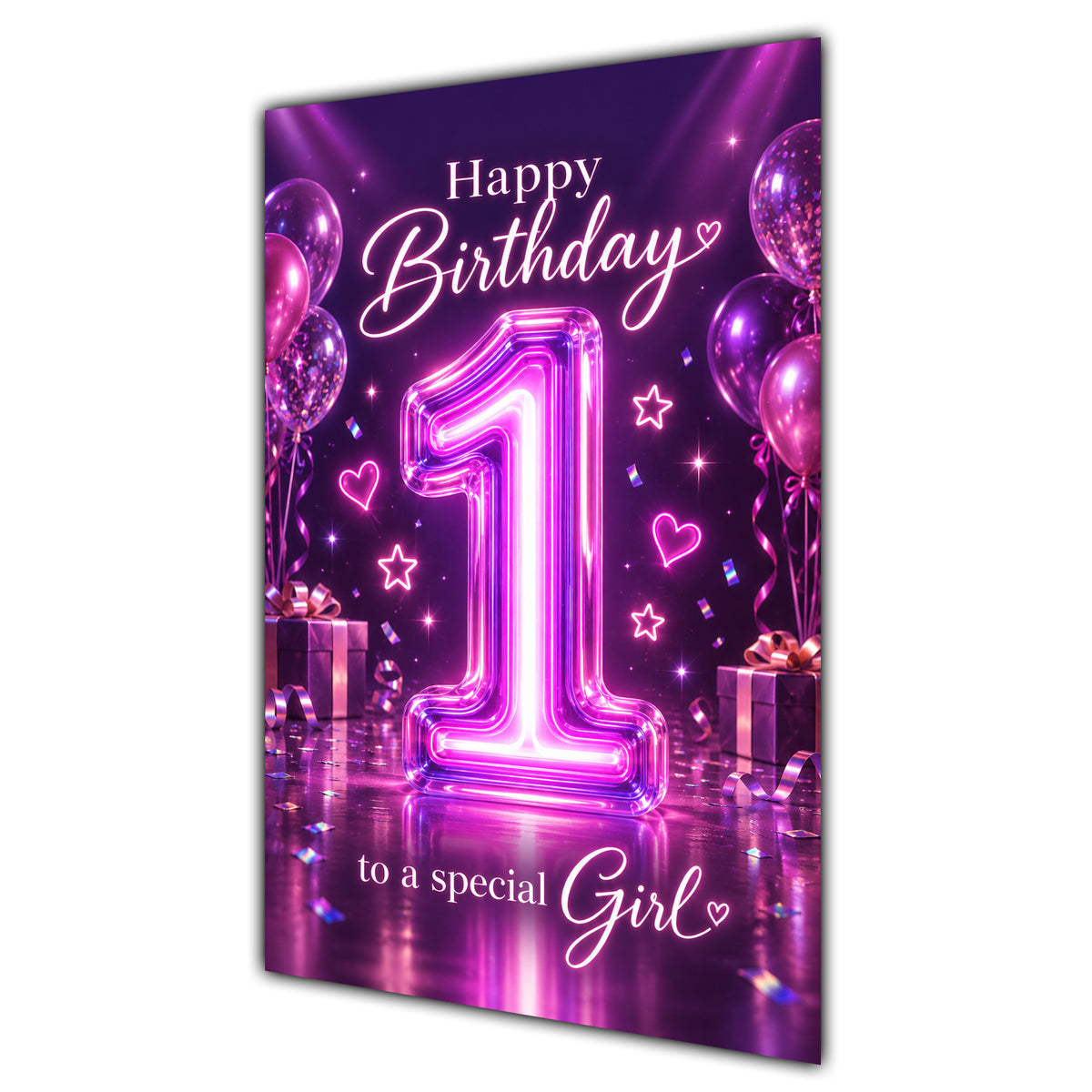 Happy 1st Birthday Special Girl Purple Neon Number Card A5
