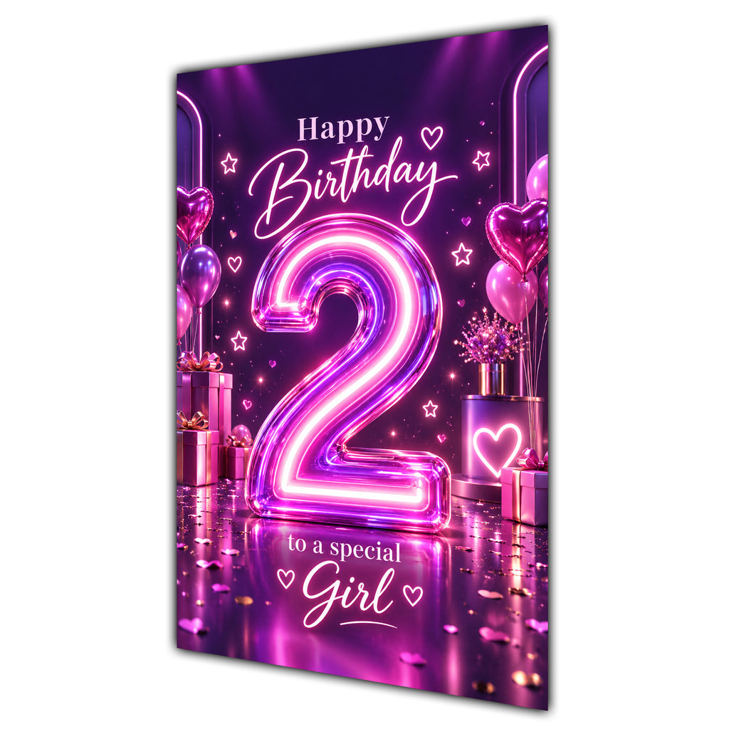 Happy 2nd Birthday Special Girl Purple Neon Number Card A5