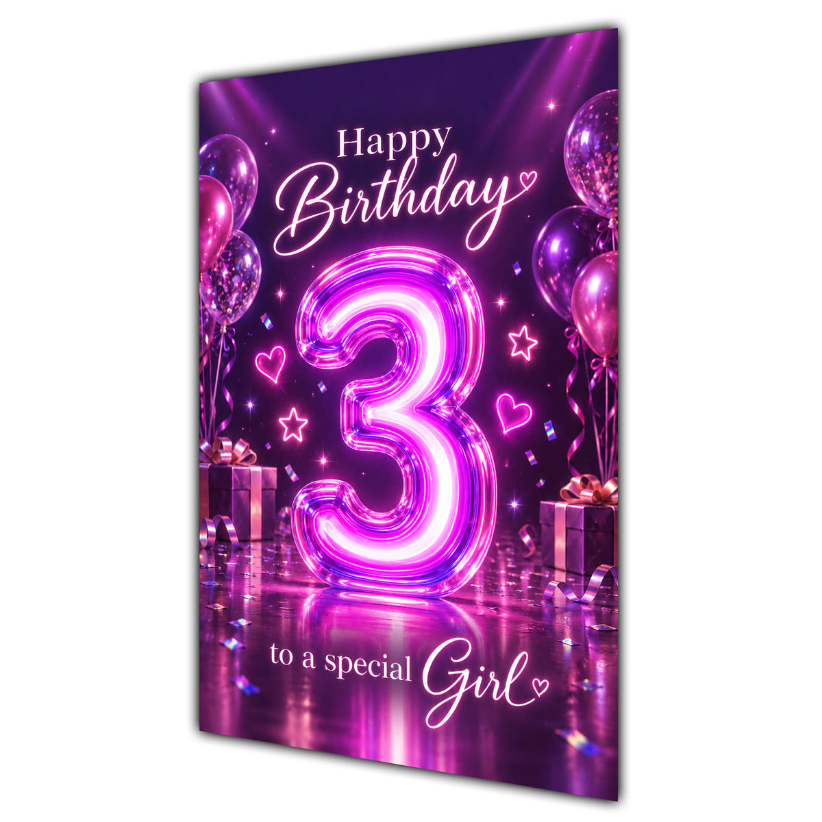 Happy 3rd Birthday Special Girl Purple Neon Number Card A5