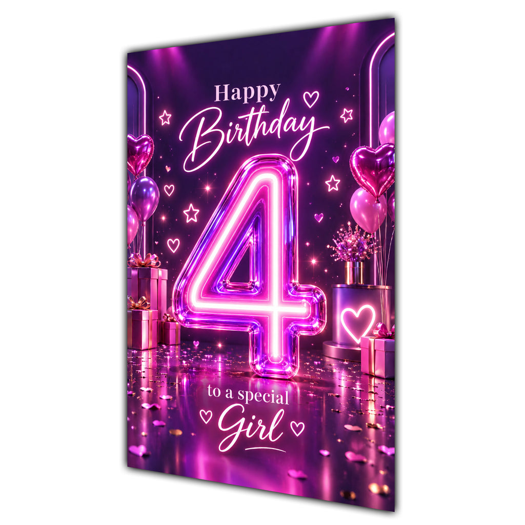 Happy 4th Birthday Special Girl Purple Neon Number Card A5