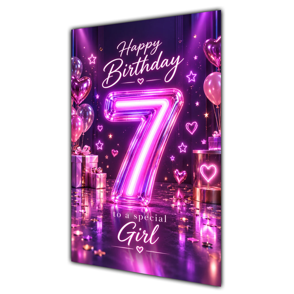 Happy 7th Birthday Special Girl Purple Neon Number Card A5