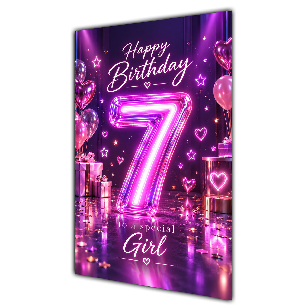 Happy 7th Birthday Special Girl Purple Neon Number Card A5