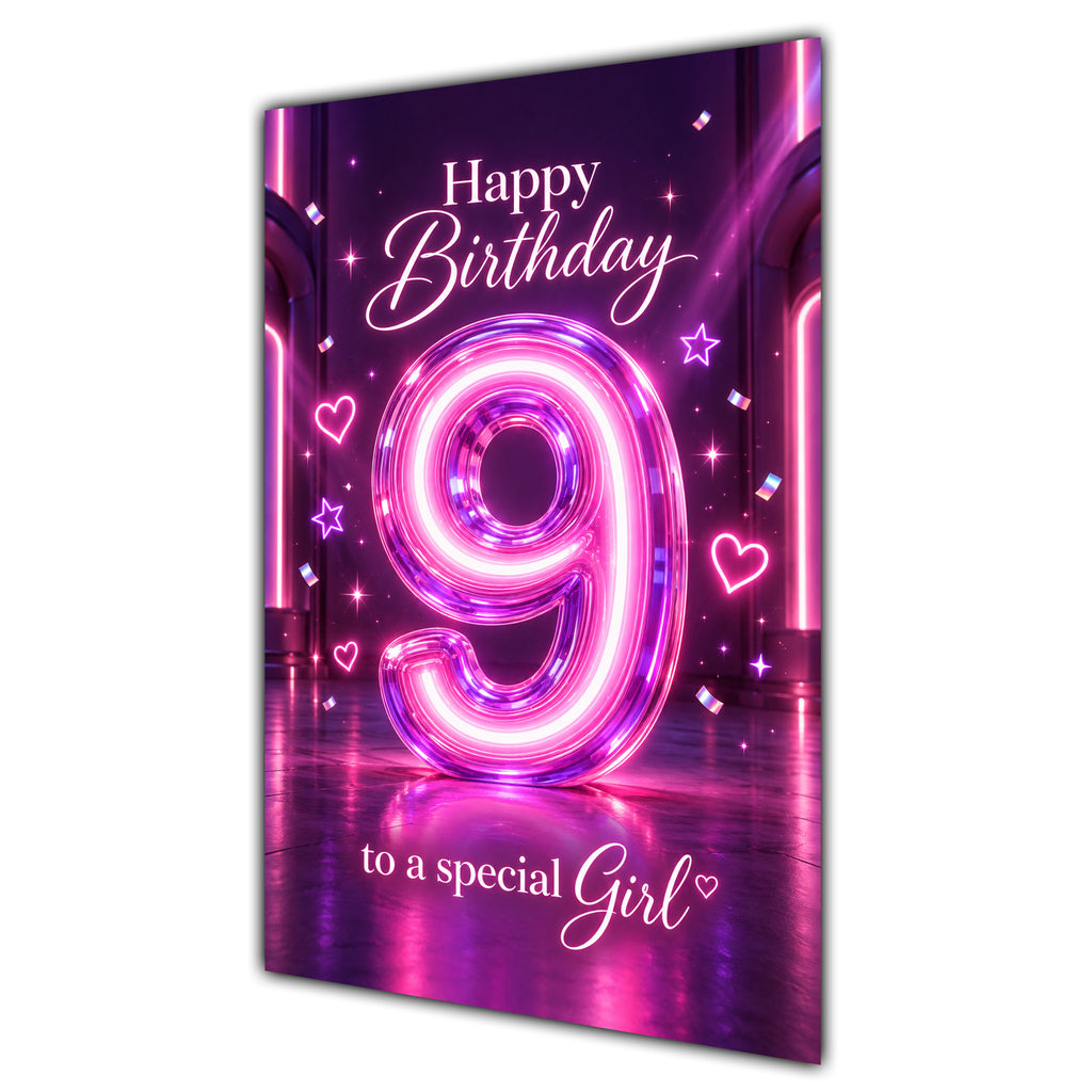 Happy 9th Birthday Special Girl Purple Neon Number Card A5