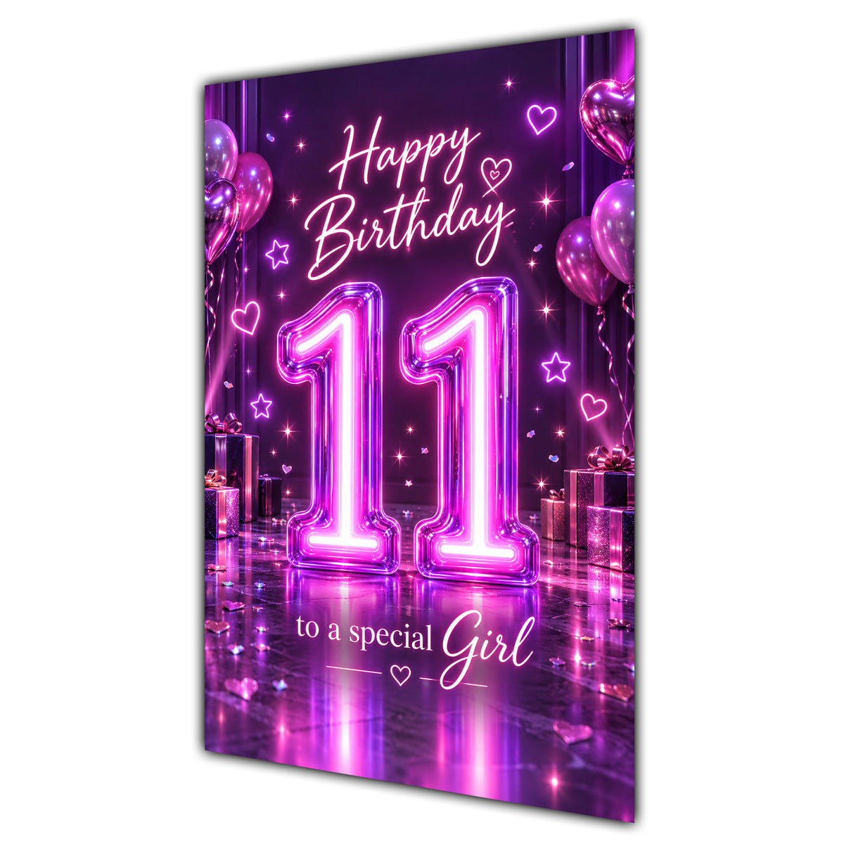Happy 11th Birthday Special Girl Purple Neon Number Card A5