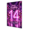 Girl 14th Birthday Card - Pink Neon Number and Hearts