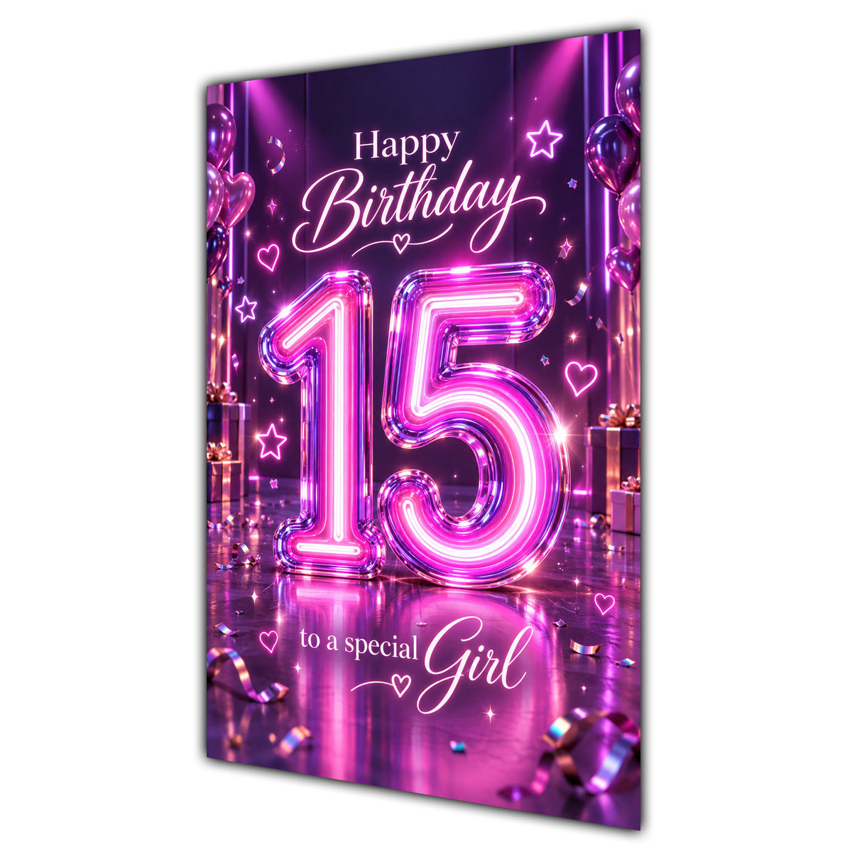 Happy 15th Birthday Special Girl Purple Neon Number Card A5
