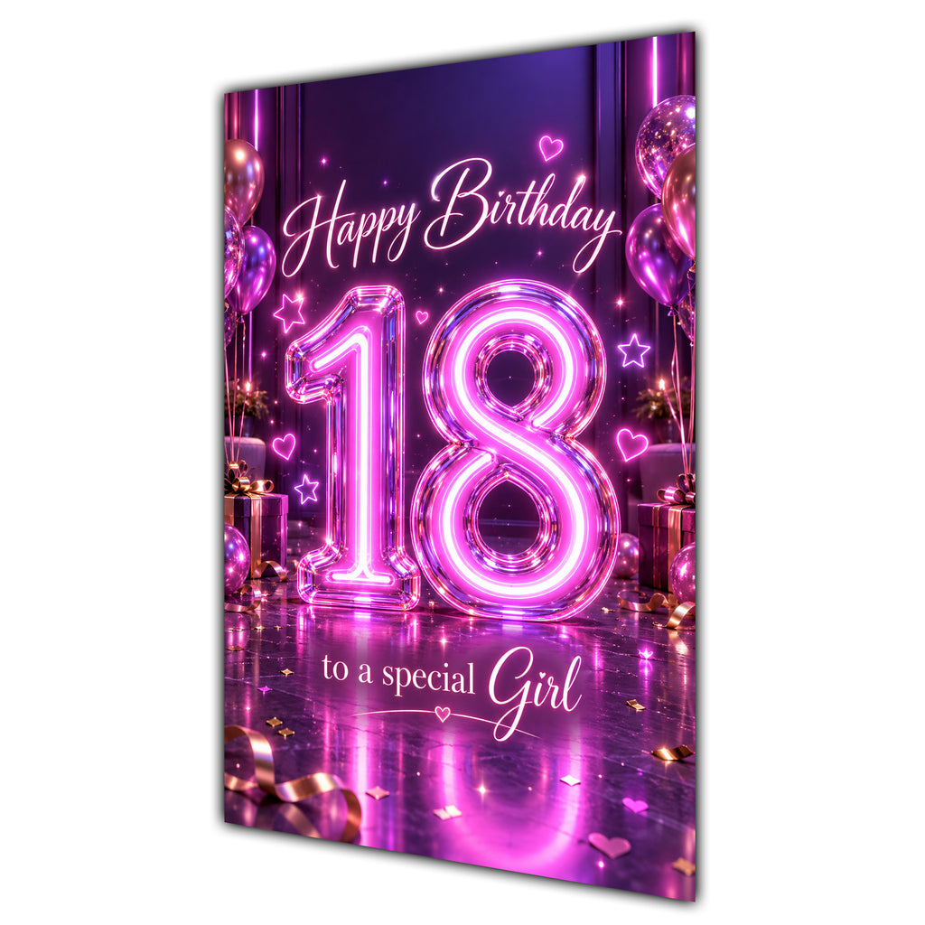 Happy 18th Birthday Special Girl Purple Neon Number Card A5