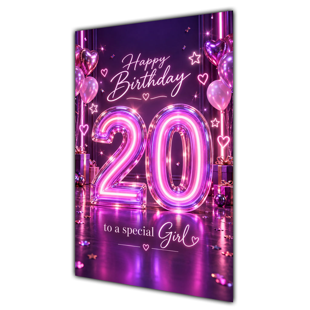 Happy 20th Birthday Special Girl Purple Neon Number Card A5