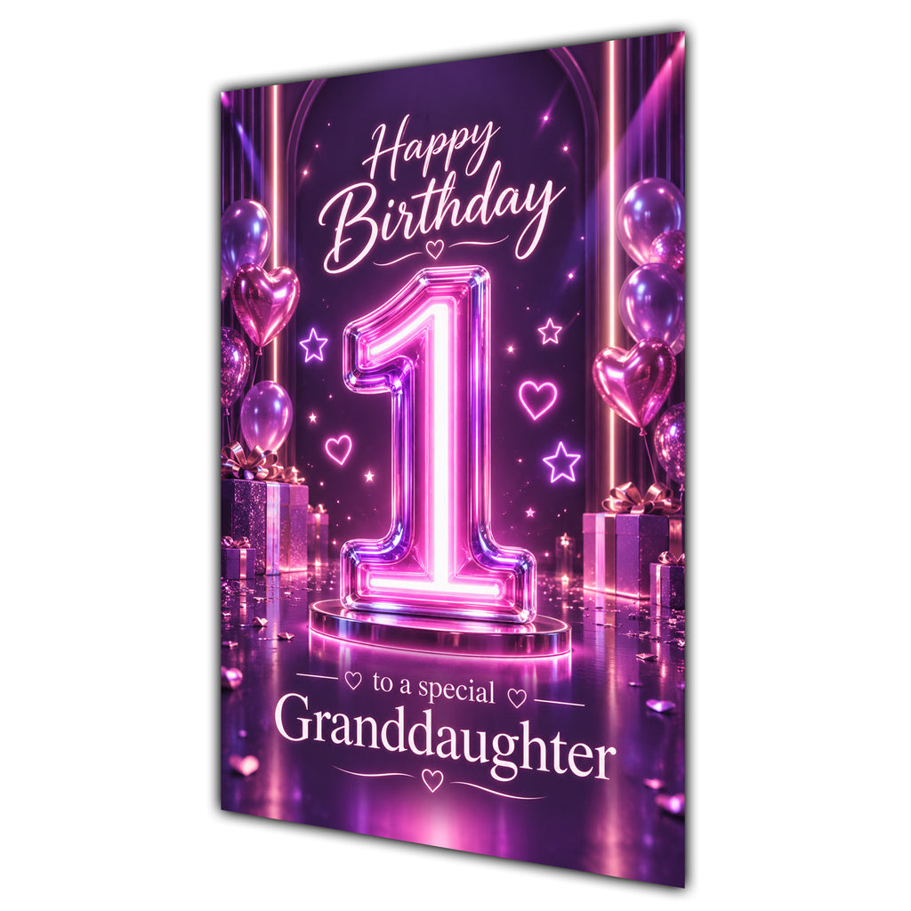 Granddaughter 1st Birthday Card - Pink Neon Number and Hearts