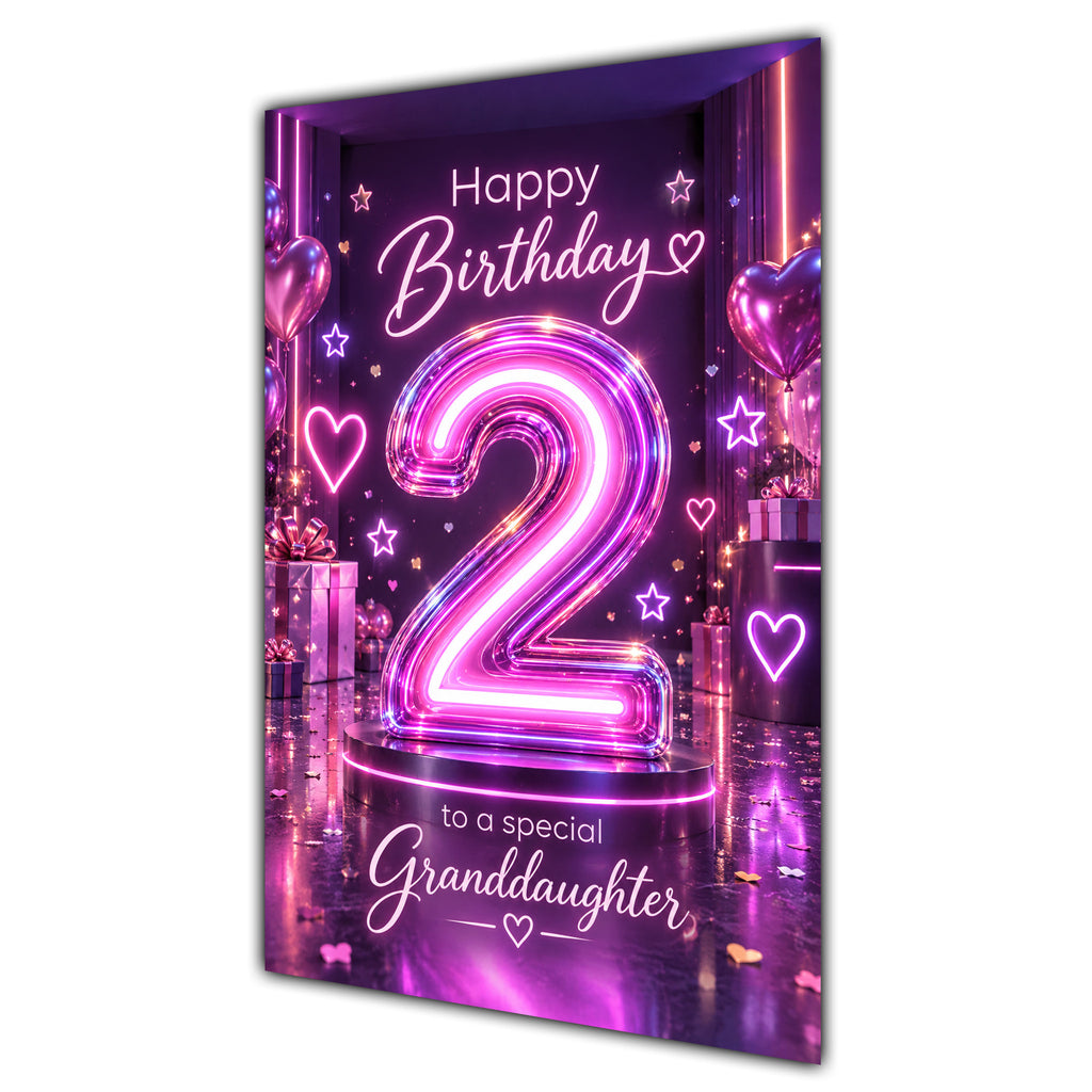 Happy 2nd Birthday Granddaughter Purple Neon Number Card A5