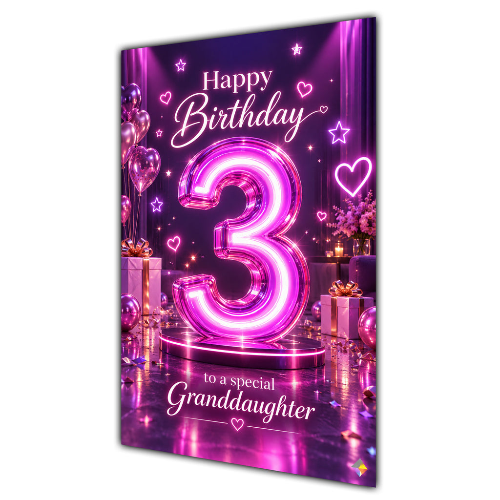 Granddaughter 3rd Birthday Card - Pink Neon Number and Hearts