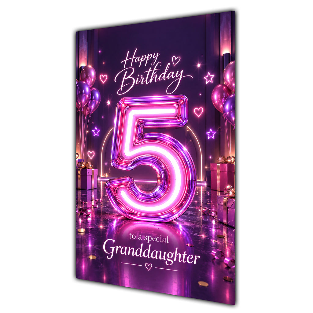 Happy 5th Birthday Granddaughter Purple Neon Number Card A5