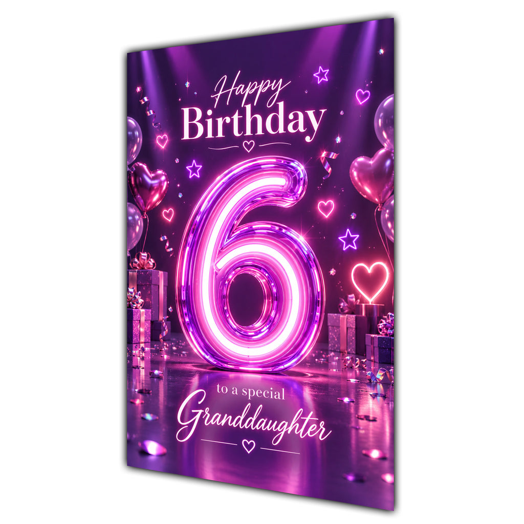 Happy 6th Birthday Granddaughter Purple Neon Number Card A5