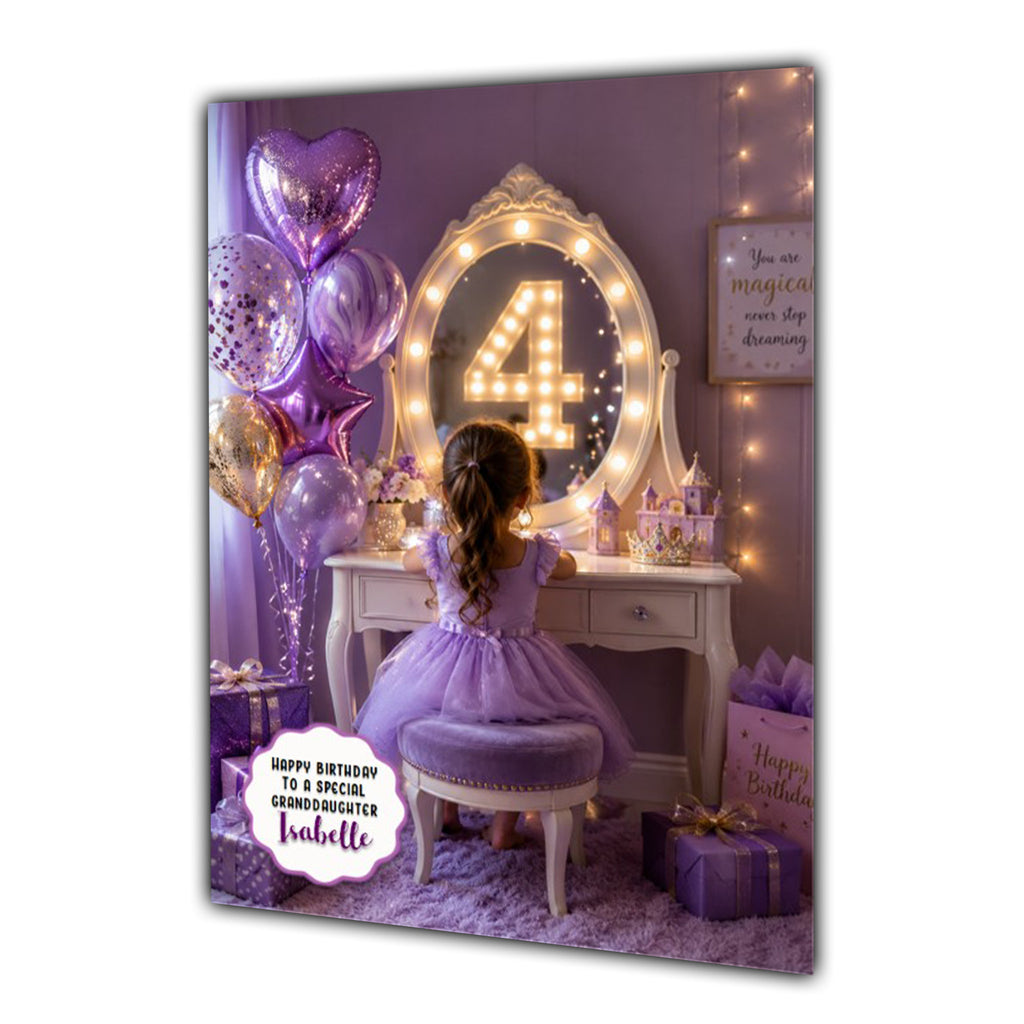 4th Birthday Card For Girls, Daughter, Granddaughter, Niece, Brown Hair, Dressing Table