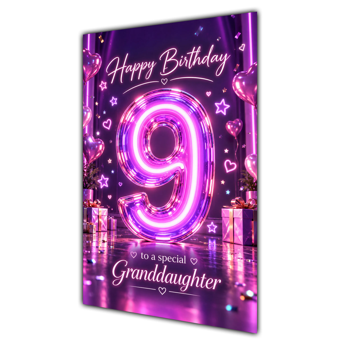 Granddaughter 9th Birthday Card - Pink Neon Number and Hearts