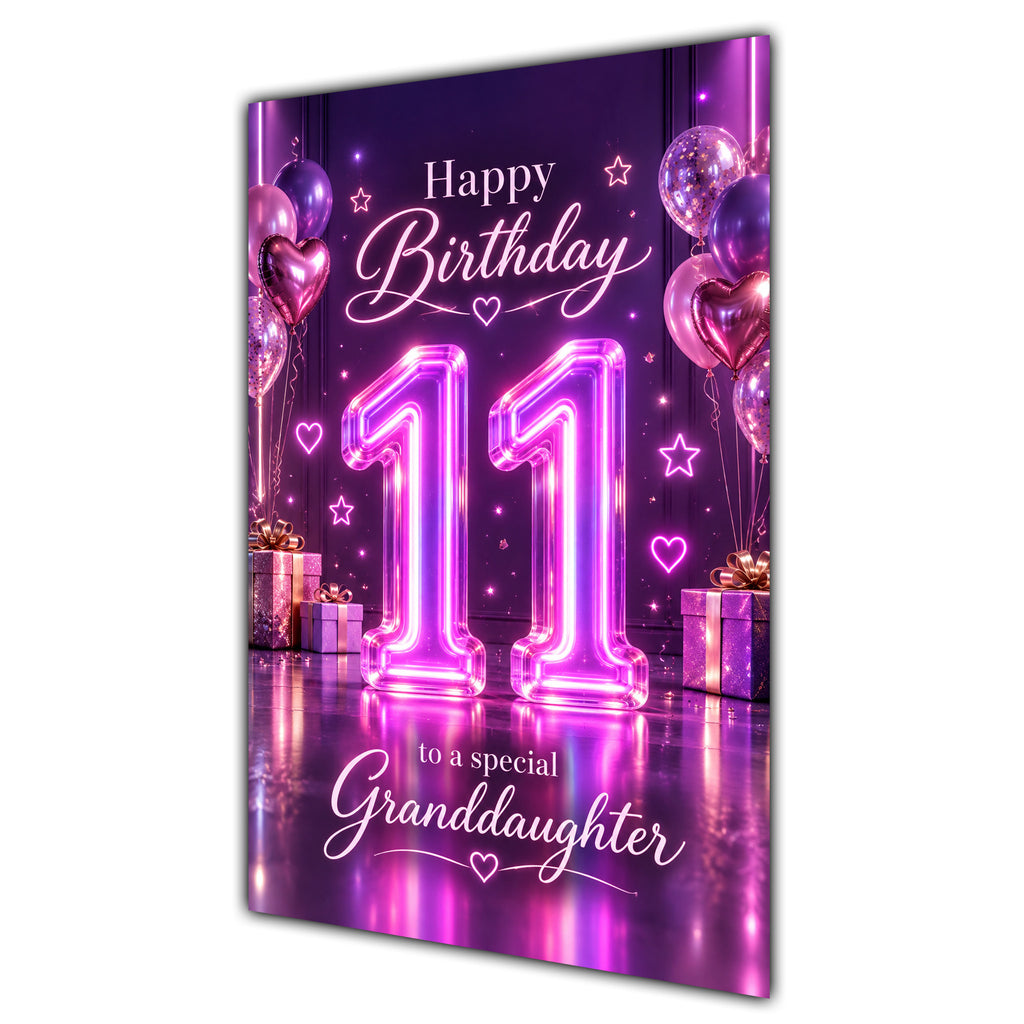 Happy 11th Birthday Granddaughter Purple Neon Number Card A5